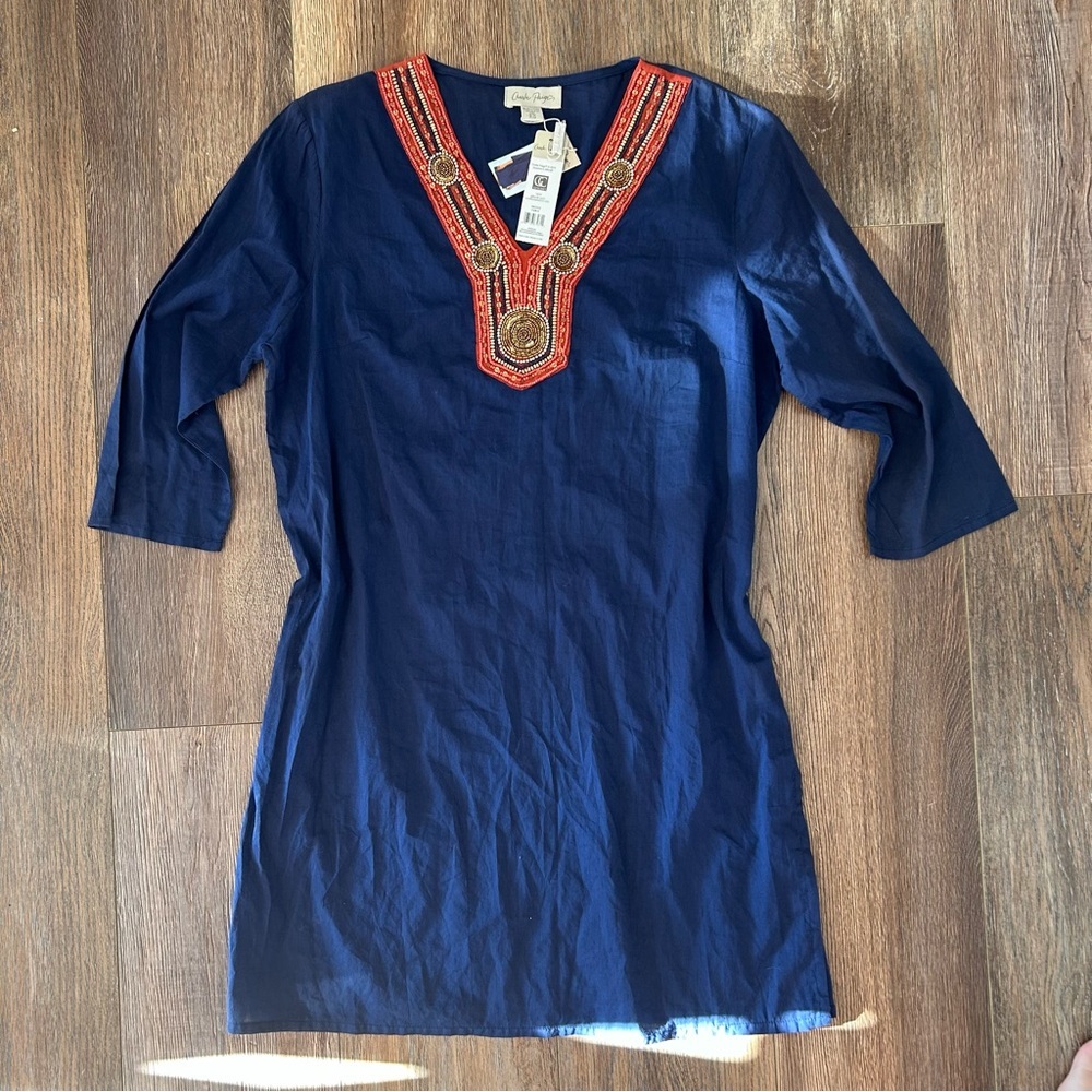 Charlie Paige Navy Tunic with Red-Orange Embroidered V-Neck